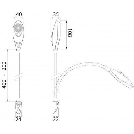Dimensions de la Lampe LED QUICK Marine Lightning Shark noire avec col de cygne flexible.
