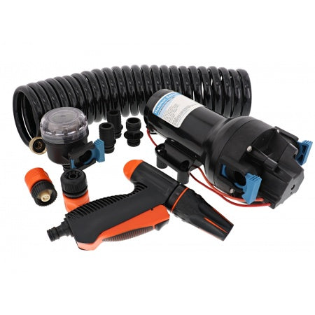 Pompe JABSCO HotShot HD6 pour nettoyage nautique, débit 23 l/min, filtre intégré.