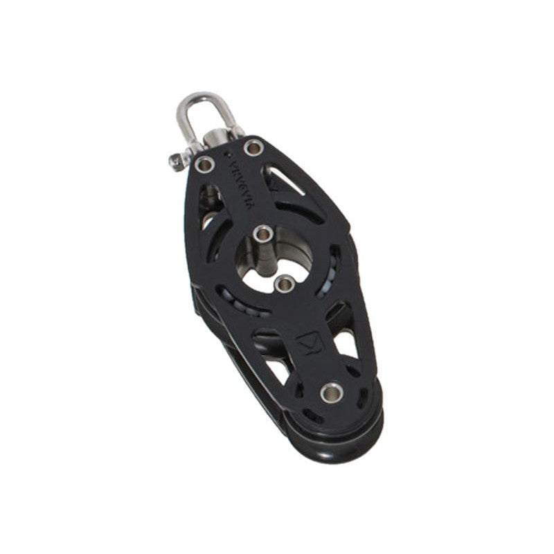 VIADANA Poulie violon en carbone avec émerillon est idéale pour les palans de hâle-bas ou tout palan en ligne devant rester fin et peu encombrant pour le réglage des voile en bateau, dispo en réa ø 38-22 correspondant à un cordage ø 8 mm.