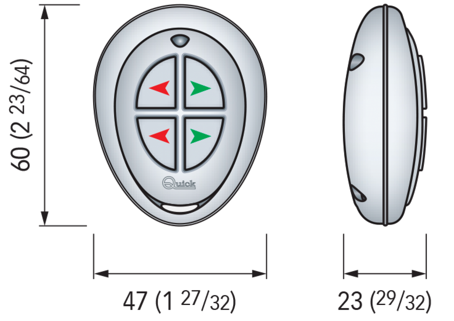 La télécommande Quick RRC 4+ est compacte et ergonomique avec des dimensions de 60 mm de hauteur, 47 mm de largeur et 23 mm d’épaisseur. Son design ovale tient parfaitement en main et offre une manipulation intuitive grâce à des boutons bien disposés, idéale pour un usage marin.