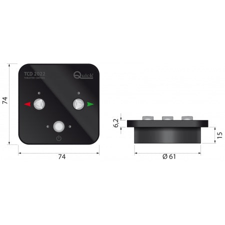 Schéma technique des dimensions du pupitre de commande Quick TCD 2022. Ce panneau compact, mesurant 74 x 74 mm, est spécialement conçu pour contrôler les propulseurs d'étrave et de poupe, avec une certification IP66 garantissant sa résistance à l'eau et à la poussière