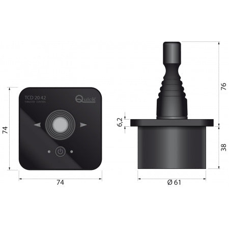 Dimensions du Système de contrôle à distance Quick TCD - Commande intuitive pour propulseurs d'étrave et de poupe, avec protection IP66 et alimentation universelle (8-30 V).