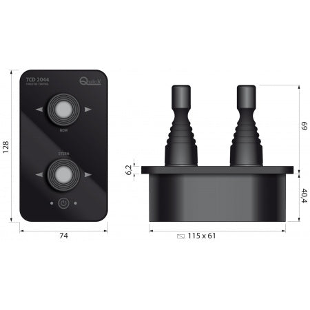 Vue détaillée du système de contrôle à distance Quick TCD série 2044000, avec dimensions précises (74 mm x 128 mm), idéal pour une intégration simple sur les yachts et voiliers équipés de propulseurs d'étrave et de poupe