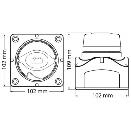 Plan de l'Interrupteur de batterie BEP Type 720 ON/OFF, 12/24 V, pour montage en surface ou panneau arrière.