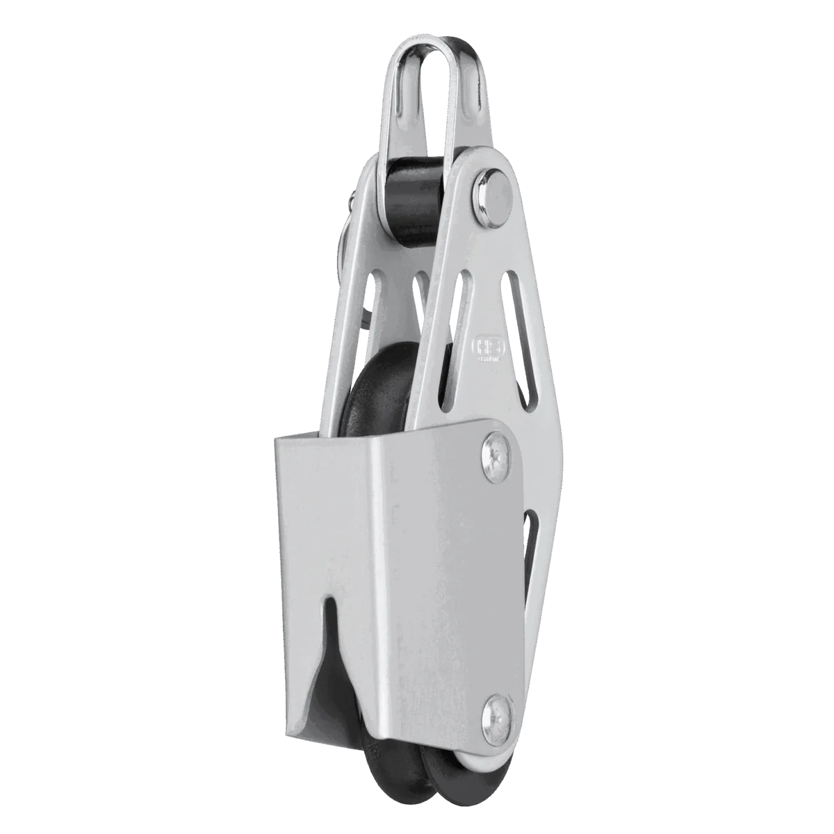 Poulie Violon à friction Fiddle block avec taquet en V- pour cordage de 6 mm et pièces latérales en aluminium. Le crochet peut être démonté - il suffit d'enlever le boulon avec l'anneau fendu.