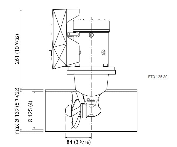 L’image met en évidence les dimensions du BTQ125-30, conçu avec un tunnel de 125 mm de diamètre. Ce modèle est adapté aux bateaux de 6 à 8,5 m, offrant une poussée accrue grâce à son moteur puissant. Les dimensions (A = 258 mm, B = 125 mm, C = 84 mm, D = 750 mm) sont optimisées pour une installation rapide et fiable.
