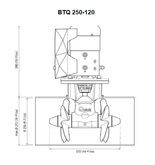 Dimensions du propulseur d’étrave Quick BTQ250-120 : Ce modèle robuste est conçu pour les yachts de 13 à 17 mètres. Il mesure 390 mm de longueur totale, avec un tunnel de 250 mm de diamètre. Avec une poussée impressionnante de 120 kp, il est idéal pour des manœuvres précises et puissantes.