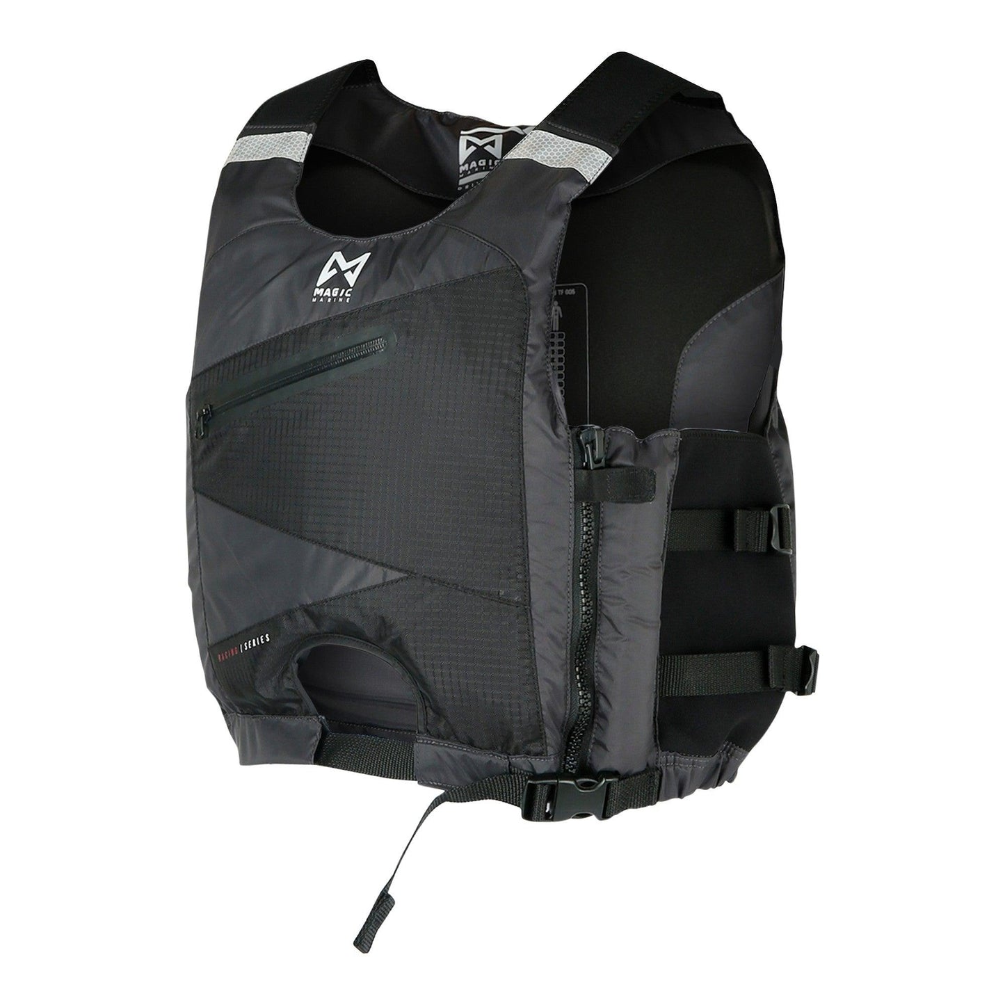 Le Gilet de Sauvetage Racing Buoyancy Aid Magic Marine, en noir, combine design ultra-fin et fonctionnalités avancées. Doté d'une ouverture pour crochet de trapèze, de détails réfléchissants et d'une entrée latérale avec zip YKK, ce gilet est conçu pour les navigateurs compétitifs recherchant confort, performance et sécurité.
