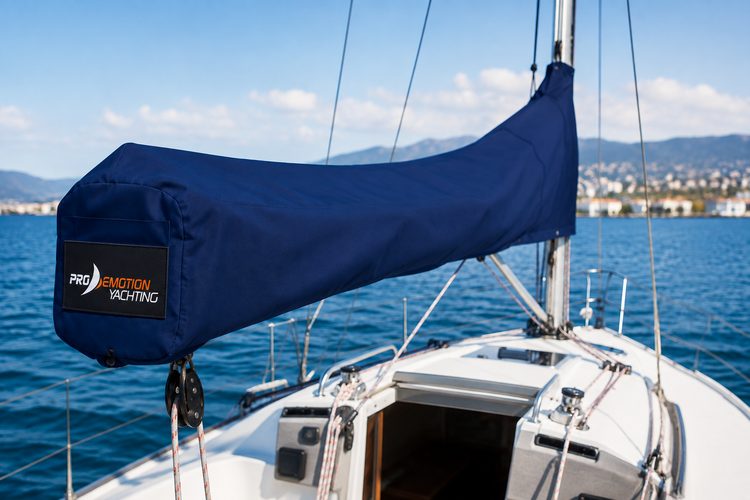 bateau bine protégé sur le parking et sur la route grâce aux tauds et housses de protection fournies par Pro Emotion Yachting