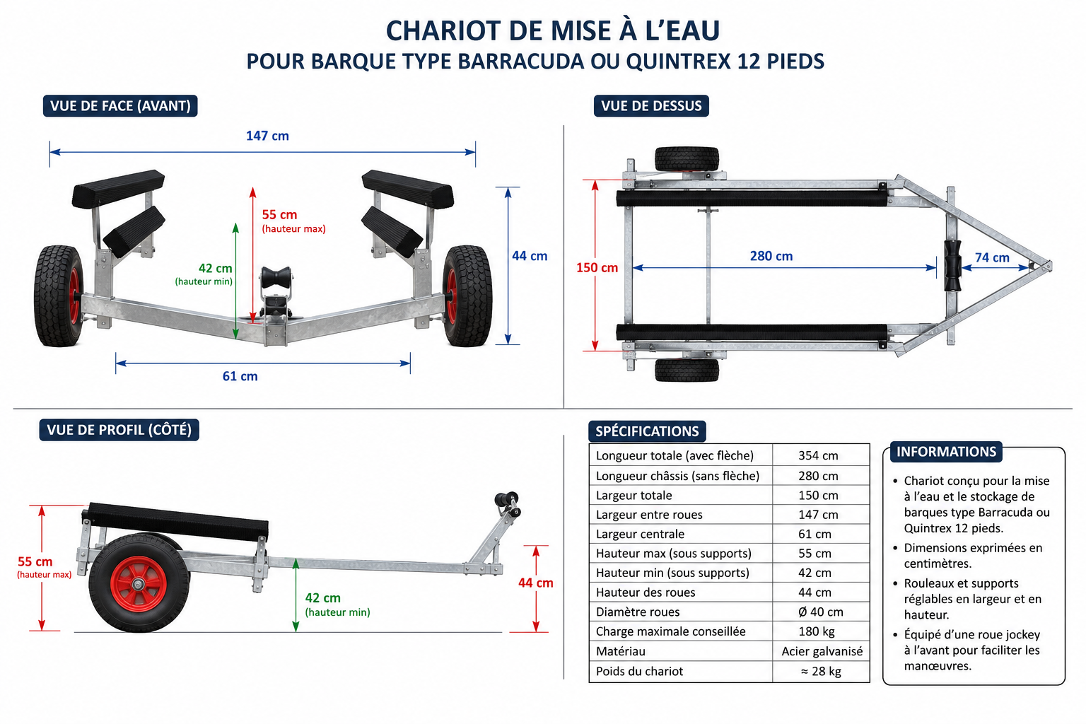 Chariot alu roues larges barque 12 pieds.