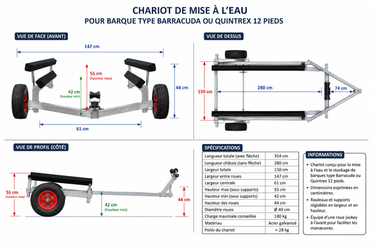 Chariot alu roues larges barque 12 pieds.