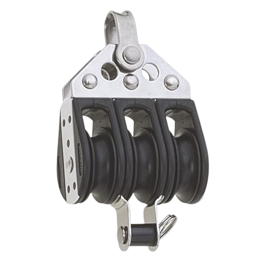 Poulie triple à ringot Viadana 11.68 avec trois réas de 28 mm. Conçue pour gérer plusieurs cordages jusqu’à 8 mm, elle garantit des manœuvres fluides et une fixation stable, idéale pour les voiliers.