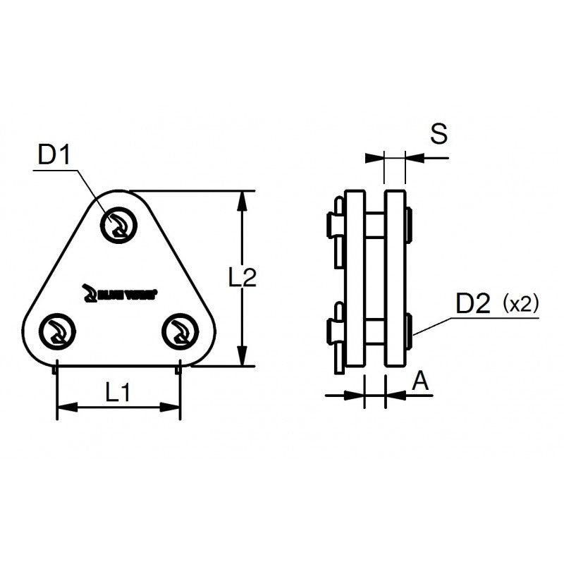 Platine triangle pataras Inox 316L axes