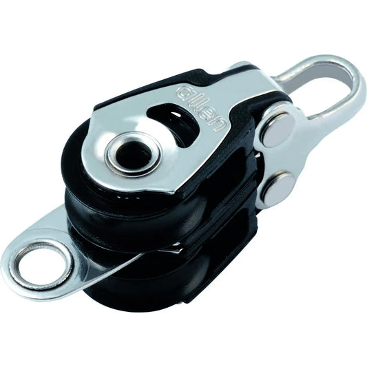 Poulie double Allen DYNAMIC. Diamètre Réa 20mm avec ringot. MWL=225Kg. L'A2022 est notre poulie double à faible friction, à roulement rapide et de petite taille. Légère et solide, elle est idéale pour les dériveurs, la planche à voile, le kitesurf et tout ce qui utilise des lignes de petit diamètre. La gamme Dynamic est généralement le meilleur choix pour les applications qui nécessitent un mouvement constant de la poulie. Crochet - Cette poulie est équipée d'un crochet pour faciliter l'amarrage.