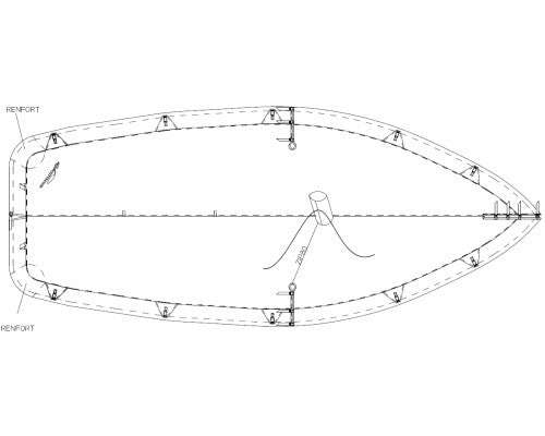  Taud Windy dessus polyester ripstop. Recouvre tout le dessus du bateau. Il est muni de bandes descendant 20 cm sous le liston. Un sandow dans l'ourlet de pourtour permet un placage efficace.