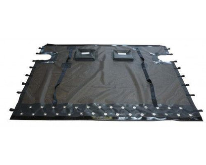 Trampoline compatible pour Prindle 16, de fabrication Nénuphar.  Tissu noir polyester 1100 dtex Mesh Ferrari.  Tous les assemblages sauf les sangles de rappel et les petites boucles de tension latérales sont en soudure HF