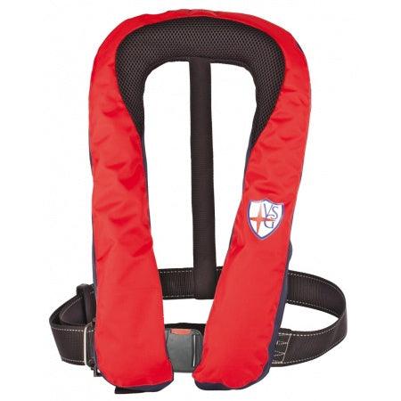 Gilet de sauvetage gonflable automatique VSG rouge, avec harnais et ligne de vie intégrée.