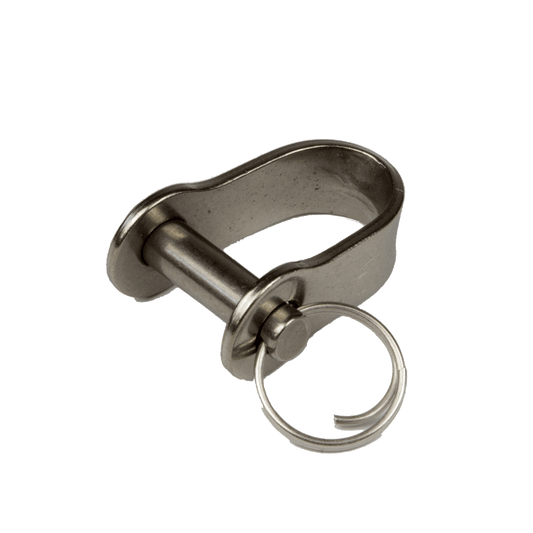 L'image montre une manille compacte et robuste, forgée en acier inoxydable avec une finition brillante. La manille est de petite taille, conçue pour être utilisée avec des poulies de la série Micro de Viadana. Elle a une largeur de 10 mm et une hauteur de 14 mm, ce qui lui permet de s'adapter parfaitement aux cordages fins